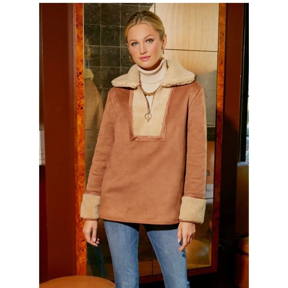 Tuckernuck Stella Shearling Quarter Zip Pullover Jacket Tan Cream Medium - Picture 1 of 11